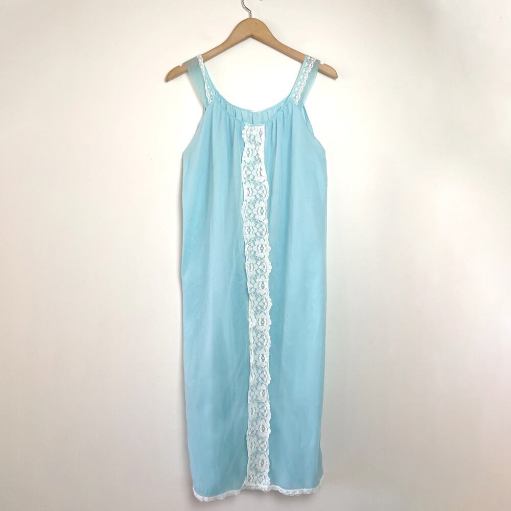 Vintage 60s 70s Nightgown Sz S/M Pastel‎ Blue Lace Trim Romantic Cottagecore